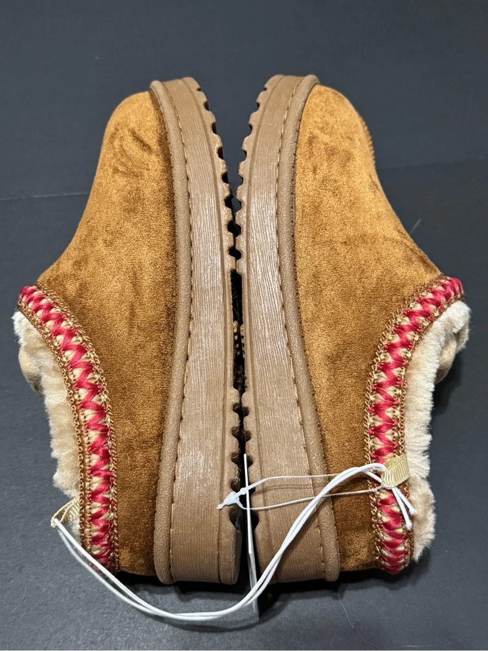 Kohl's Kids Faux-Suede Pembroke Slip-On Slippers in Chestnut with Red Trim